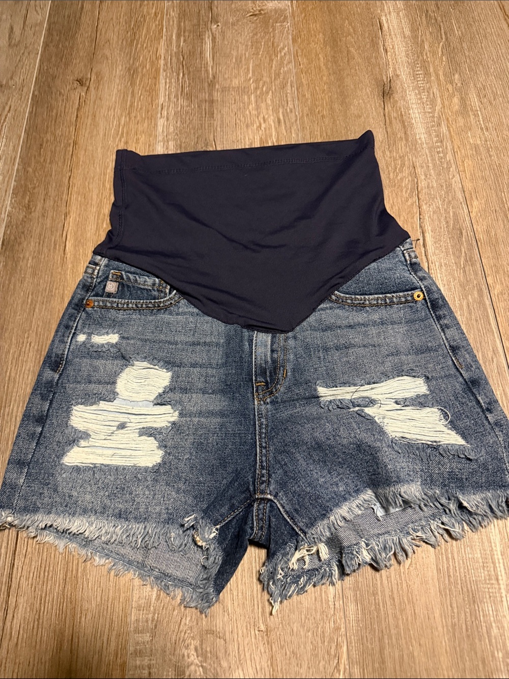 Pinkblush High-Waist Maternity Distressed Denim Shorts with Navy Panel